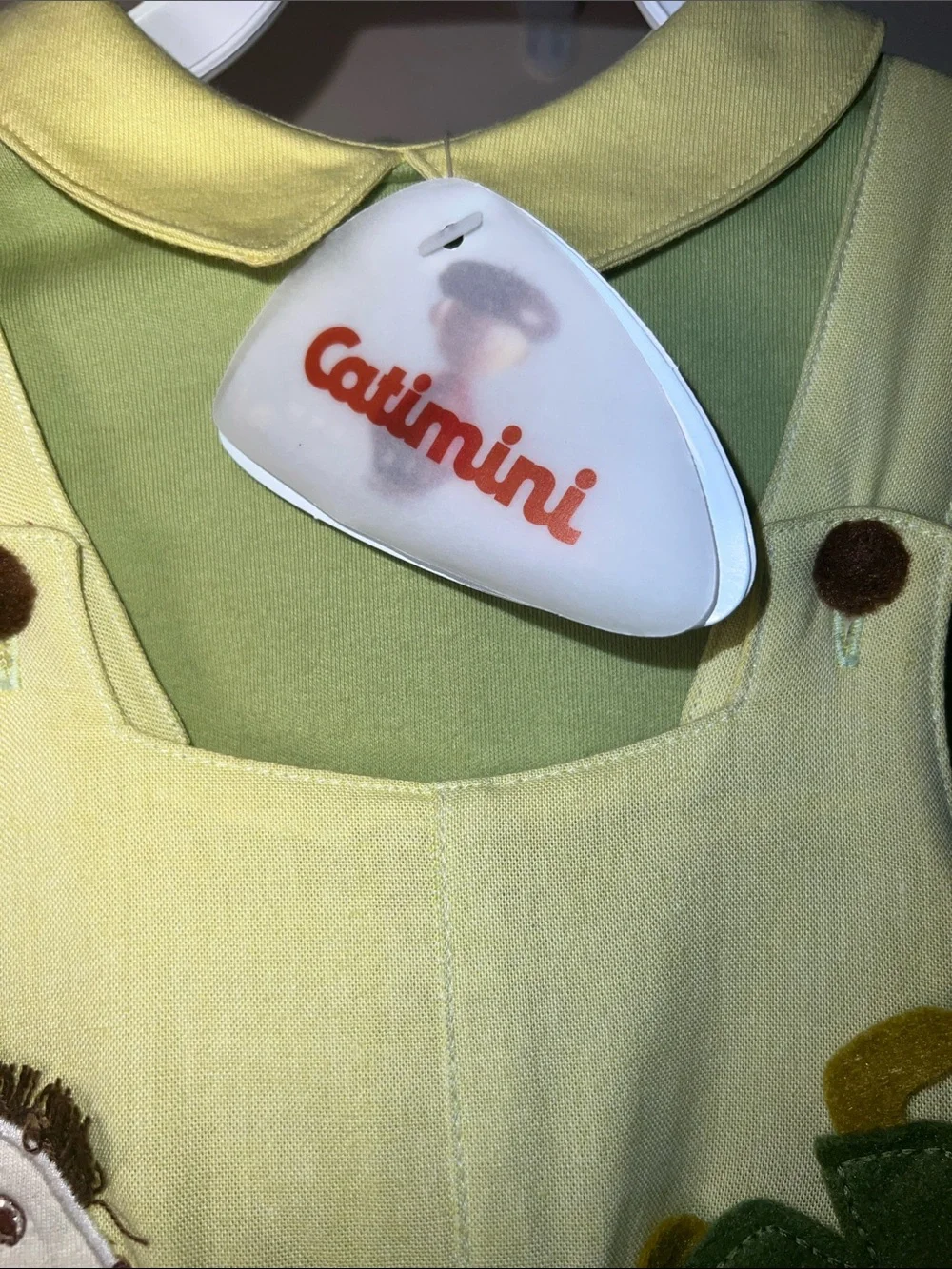 Catimini Light Green Gingham Seersucker Overalls Set with Appliqué & Match Socks